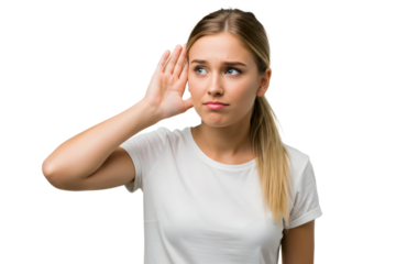 Young blonde woman with a curious expression cupping her hand to her ear to listen better isolated on transparent cutout background, cut out, png