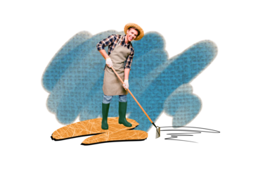 Creative collage young man rake work hay rural area summer holidays happy positive mood cheerful smile rake work drawing doodle