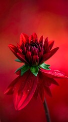 Close-up of a vibrant red dahlia flower with dew drops, set against a gradient of warm red and orange
