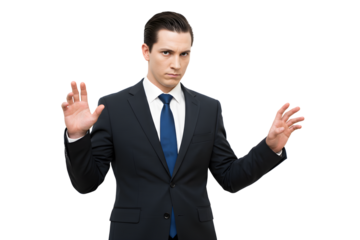 Business professional with hands raised in uncertainty isolated on transparent cutout background, cut out, png