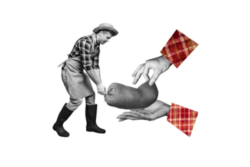 Composite photo collage of serious guy agriculture worker carry heavy harvest bag hands help heavy sack isolated on painted background