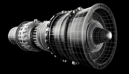 Jet engine wireframe turbine blueprint engineering aerospace technology 3D render power detail