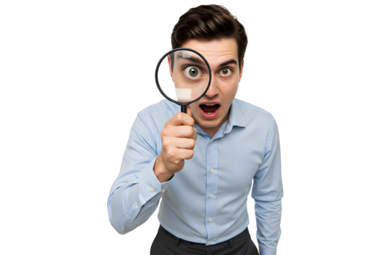 man with a magnifying glass isolated on transparent cutout background, cut out, png