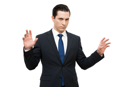 Business professional with hands raised in uncertainty isolated on transparent cutout background, cut out, png - Powered by Adobe