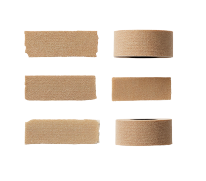 Six brown rectangular and cylindrical objects, with torn edges and subtle shadows, set against a black backdrop