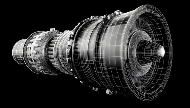 Jet engine wireframe turbine blueprint engineering aerospace technology 3D render power detail - Powered by Adobe