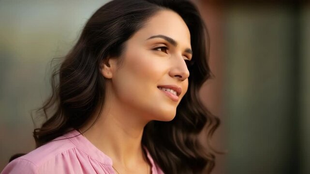 October Pink Day featuring woman in pink attire with serene expression, symbolizing breast cancer awareness. - Powered by Adobe