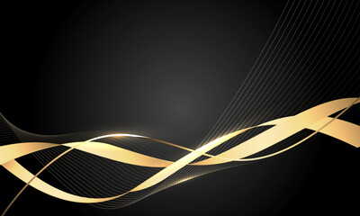 Abstract golden ribbon wave curve overlap on black with blank space design luxury background vector