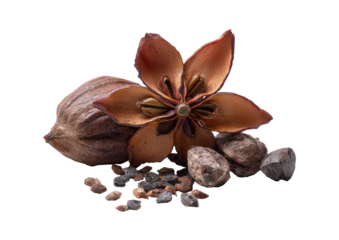 Macro shot of spices and botanicals, featuring star anise and small pebbles on black background
