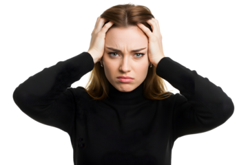 A distressed young woman in a black turtleneck clutching her head in frustration and pain isolated on transparent cutout background, cut out, png