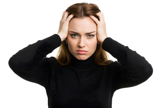 A distressed young woman in a black turtleneck clutching her head in frustration and pain isolated on transparent cutout background, cut out, png