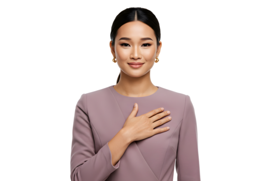 Portrait of a sincere Asian woman with her hand on her heart, expressing gratitude and honesty isolated on transparent cutout background, cut out, png