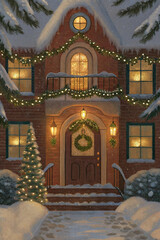Victorian Christmas House with Tree and Lights — Watercolor Illustration