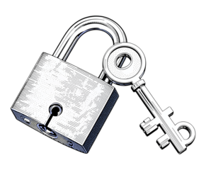Silver Padlock and Key on Transparent Background, Glossy Metal Design Element
