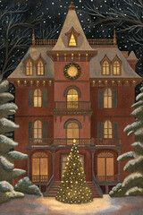 Victorian Christmas House with Tree and Lights — Watercolor Illustration