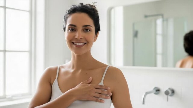 Breast cancer awareness month with woman checking her breast in bathroom, showcasing self exam. Breast cancer awareness is crucial for early detection, highlighting self-care routines.