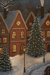 Christmas Tree in City Square with Lights and People — Watercolor Illustration