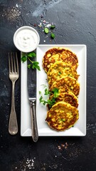 Stacked golden patties on white plate, garnished with herbs, atop dark surface.  Small bowl of white sauce beside