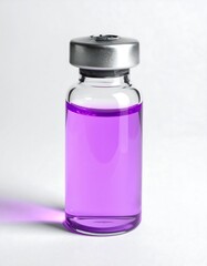 A clear glass vial, filled with a vibrant purple liquid, sits on a plain white background.  Silver cap