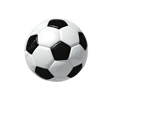 Obraz premium A photorealistic soccer ball against a black background, showcasing its distinct pentagonal and hexagonal panels