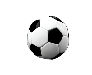 A classic black and white soccer ball rendered against a stark black background, isolated and centered