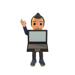 Man Holding Laptop And Ok Sign 3D Illustration