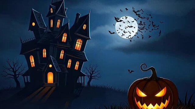 Glowing jack-o&rsquo;-lanterns on spooky Halloween night.