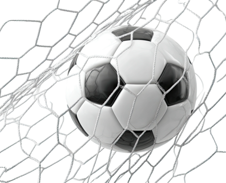 Soccer ball nestled in a net, demonstrating a goal