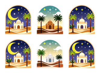 Six Glowing Desert Mosques with Palm Trees, Neon Blue Illustration with Transparent Background