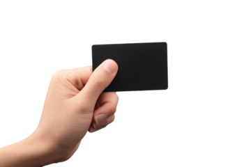Hand holding a black card isolated on transparent background