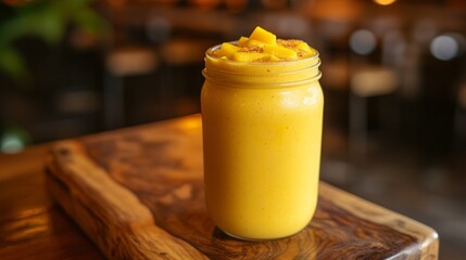 Pineapple mango smoothie in a mason jar, tropical fruits and wooden background, bright and vibrant setting.