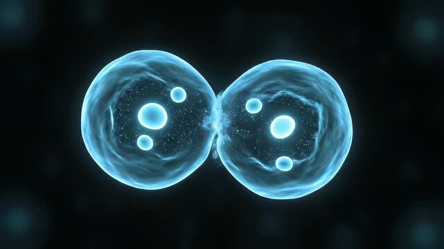 A captivating animation shows a glowing blue cell dividing into two identical structures on a dark background. This symbolizes fundamental biological growth and replication, ideal for science and medi