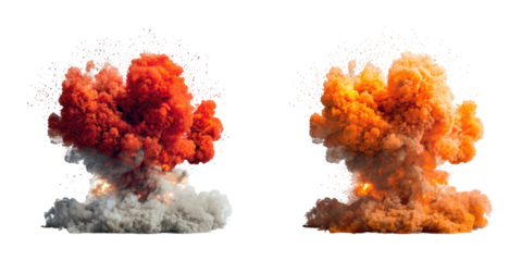 Two colorful, billowing clouds on a black backdrop resembling explosion, with detailed texture