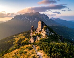 Mountain peak at golden hour. Rocky summit with path, framed by autumnal hills and a dramatic mountain range, bathed in warm sunset light