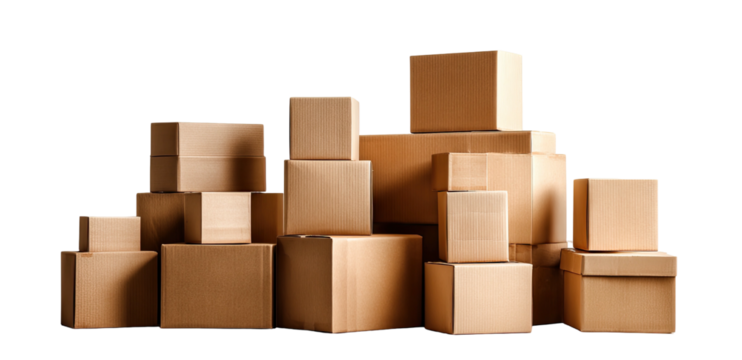 A collection of stacked brown cardboard boxes of varying sizes sit against a black background