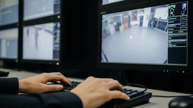 Security system operator working on computer, watching multiple monitors. Security system surveillance ensures order and safety in facility or institution.