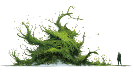 A large, overgrown, moss-covered tree or structure with a figure for scale against a void backdrop