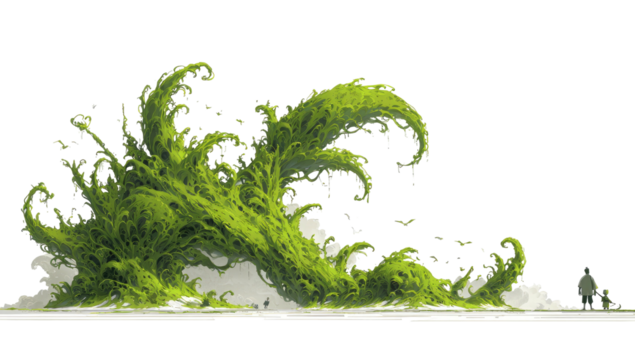 A sprawling, vibrant green, fantastical plant with intricate details, partially snow-covered