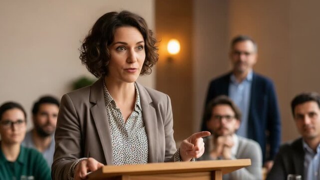 Business woman giving presentation standing at lectern addressing audience. Business woman leads conference with engaging speech and hand gestures during meeting. Business woman inspires at seminar,