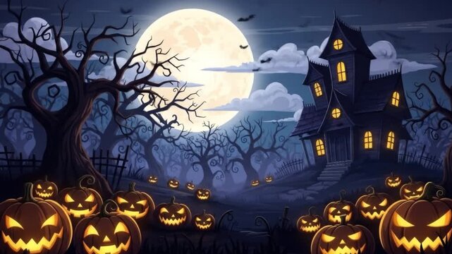 A Halloween scene with a haunted house and flying bats, framed by glowing jack-o'-lanterns on either side.