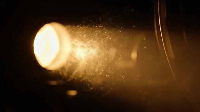 A captivating close-up of illuminated dust particles or fine smoke swirling and dancing within a powerful beam of golden light against a dark, undefined background. The ethereal effect creates a myste