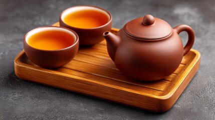 Traditional tea set with teapot and cups on wooden tray
