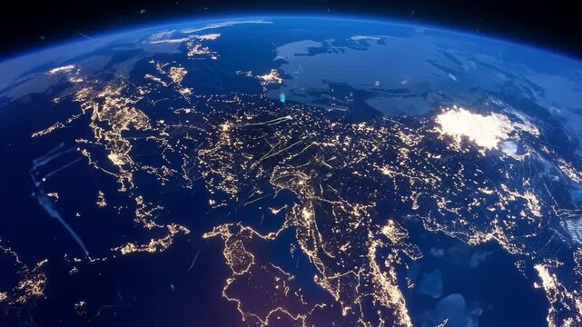 Advanced technological visualization depicting global communication infrastructure with illuminated planetary surface, intricate satellite network, and interactive holographic data interfaces