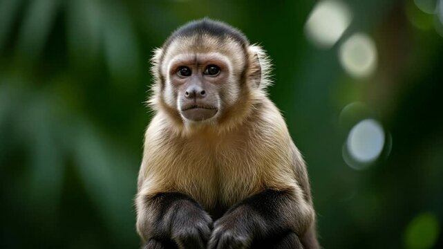 A captivating close-up portrait features a small, intelligent primate sitting calmly amidst a lush, blurred green natural background. The curious monkey gazes directly forward with thoughtful eyes, it