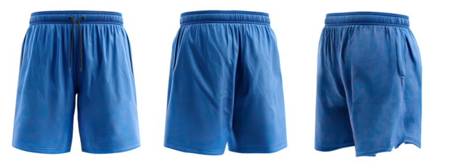 Three views of blue athletic shorts with an elastic waistband and a drawstring