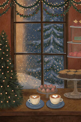 Christmas Window with Sweets and Lights — Cozy Watercolor Illustration