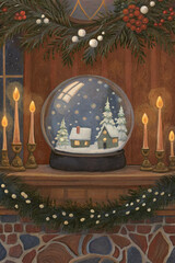 Snow Globe with Winter Village and Candles — Cozy Watercolor Illustration