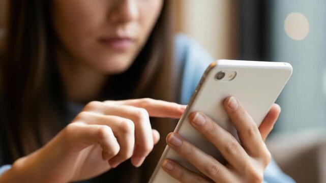 Woman using smartphone for social media, connecting and browsing online, checking email, and texting on device. Using smartphone with a focused intent reflects modern communication and engagement.