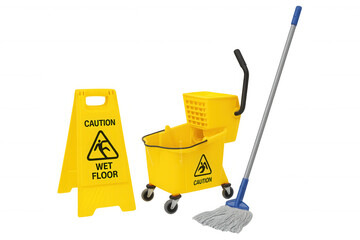 Cleaning equipment set with a yellow wet floor caution sign and mop bucket, showing safety and hygiene concepts