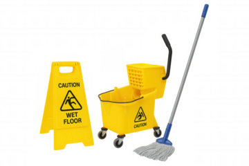 Cleaning equipment set with a yellow wet floor caution sign and mop bucket, showing safety and hygiene concepts